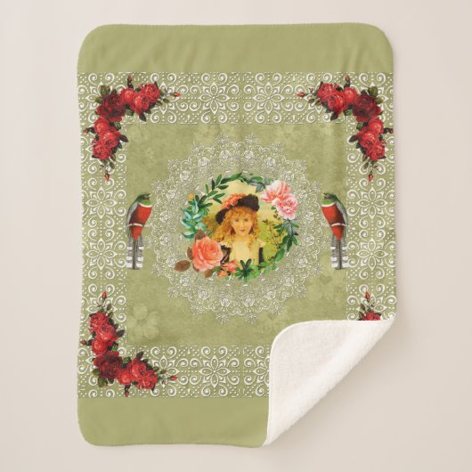 コラージュヴィンテージレトロとレースと花 シェルパブランケット (正面)