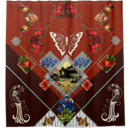 コラージュヴィンテージレトロとレースと花 シャワーカーテン