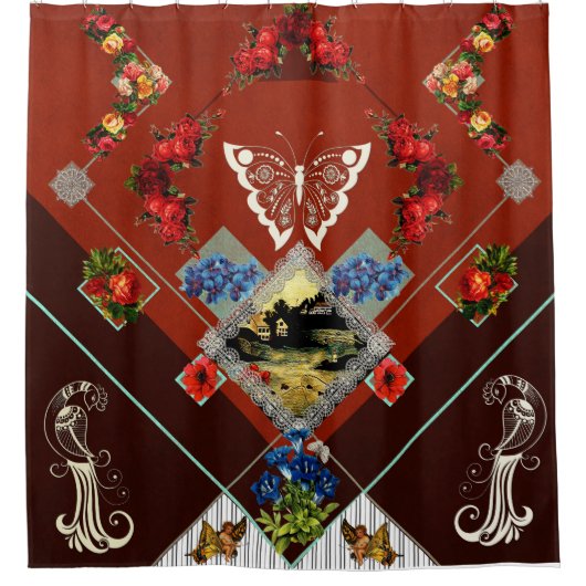 コラージュヴィンテージレトロとレースと花 シャワーカーテン (正面)