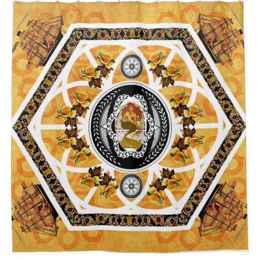 コラージュヴィンテージレトロとレースと花 シャワーカーテン (正面)