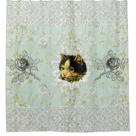 コラージュヴィンテージレトロとレースと花 シャワーカーテン