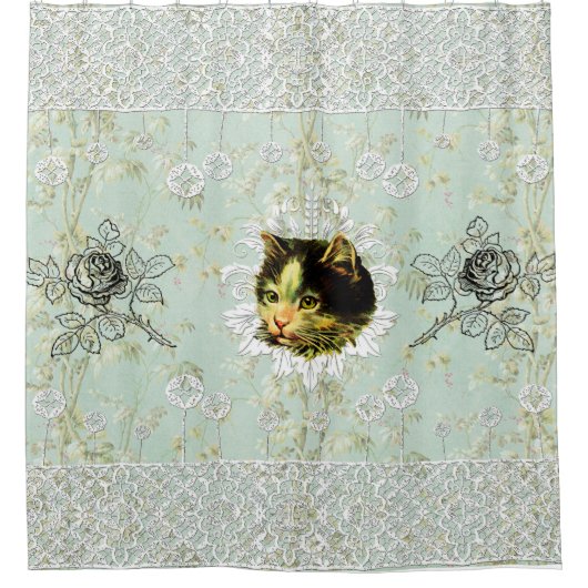 コラージュヴィンテージレトロとレースと花 シャワーカーテン (正面)