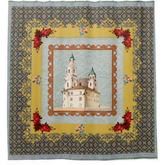 コラージュヴィンテージレトロとレースと花 シャワーカーテン (正面)