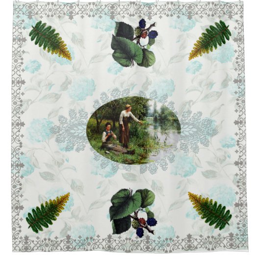 コラージュヴィンテージレトロとレースと花 シャワーカーテン (正面)