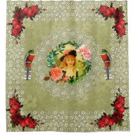 コラージュヴィンテージレトロとレースと花 シャワーカーテン