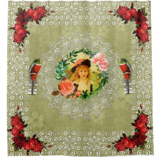 コラージュヴィンテージレトロとレースと花 シャワーカーテン (正面)