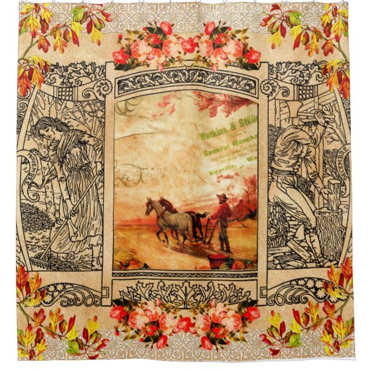 コラージュヴィンテージレトロとレースと花 シャワーカーテン (正面)