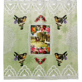 コラージュヴィンテージレトロとレースと花 シャワーカーテン