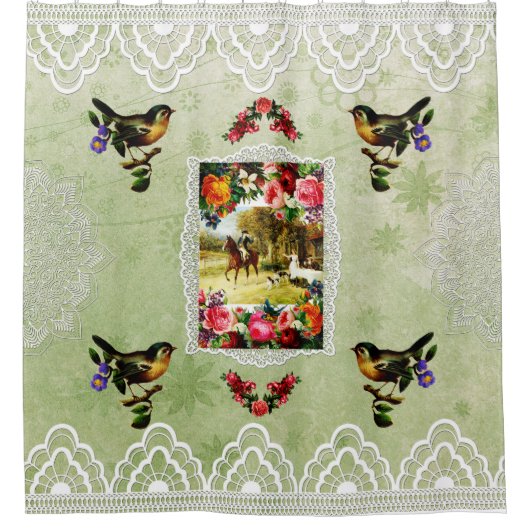 コラージュヴィンテージレトロとレースと花 シャワーカーテン (正面)