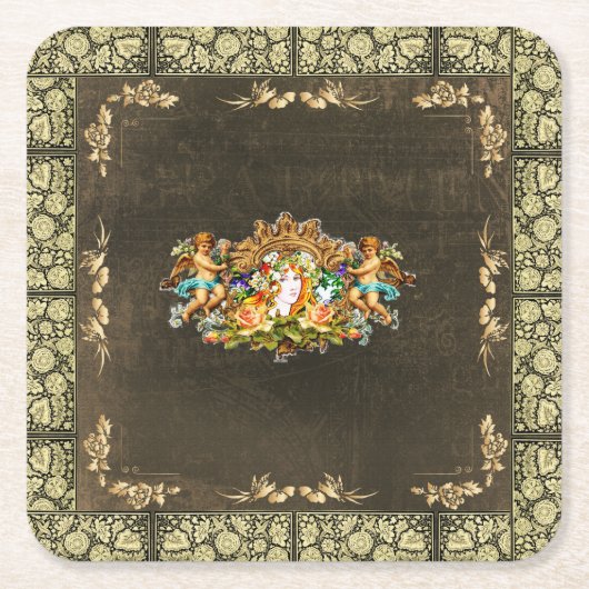 コラージュヴィンテージレトロとレースと花 スクエアペーパーコースター (正面)