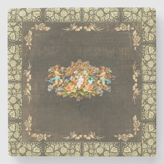 コラージュヴィンテージレトロとレースと花 ストーンコースター (正面)