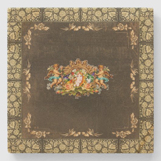 コラージュヴィンテージレトロとレースと花 ストーンコースター (正面)