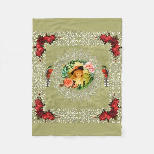 コラージュヴィンテージレトロとレースと花 フリースブランケット (正面)