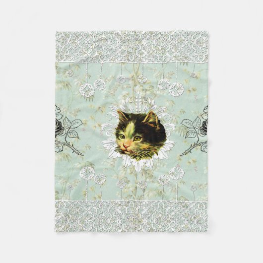 コラージュヴィンテージレトロとレースと花 フリースブランケット (正面)
