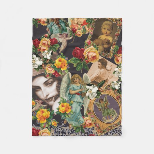 コラージュヴィンテージレトロとレースと花 フリースブランケット (正面)
