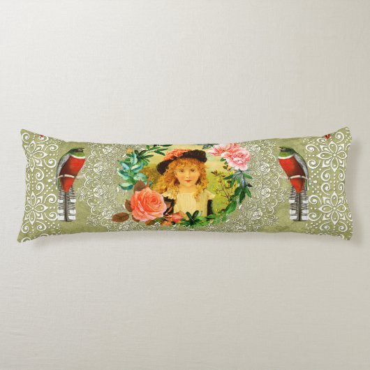 コラージュヴィンテージレトロとレースと花 ボディピロー (正面)