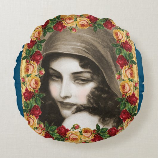 コラージュヴィンテージレトロとレースと花 ラウンドクッション (正面)