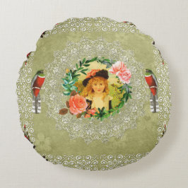 コラージュヴィンテージレトロとレースと花 ラウンドクッション