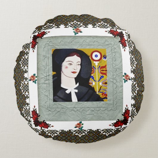 コラージュヴィンテージレトロとレースと花 ラウンドクッション (正面)