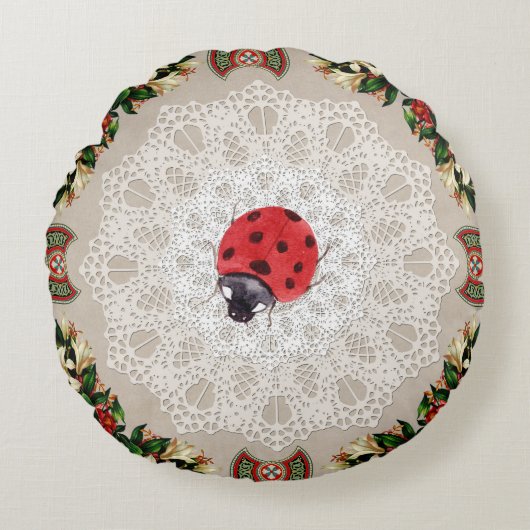 コラージュヴィンテージレトロとレースと花 ラウンドクッション (正面)