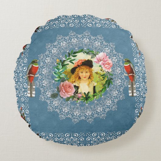 コラージュヴィンテージレトロとレースと花 ラウンドクッション (正面)