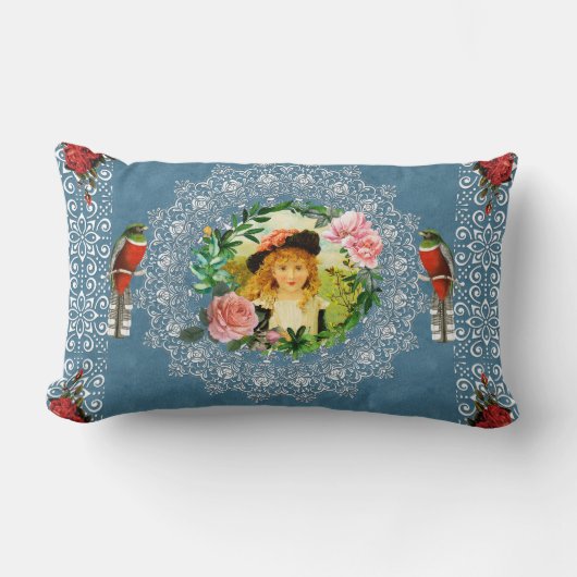 コラージュヴィンテージレトロとレースと花 ランバークッション (正面)