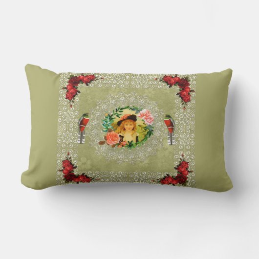 コラージュヴィンテージレトロとレースと花 ランバークッション (正面)