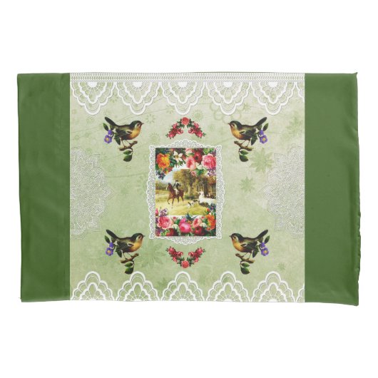 コラージュヴィンテージレトロとレースと花 枕カバー (正面)