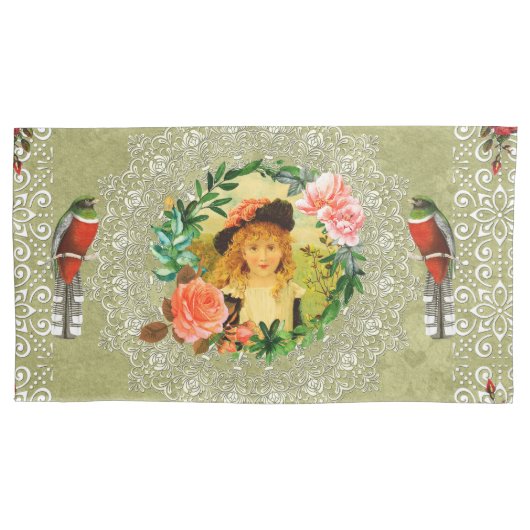 コラージュヴィンテージレトロとレースと花 枕カバー (正面左)