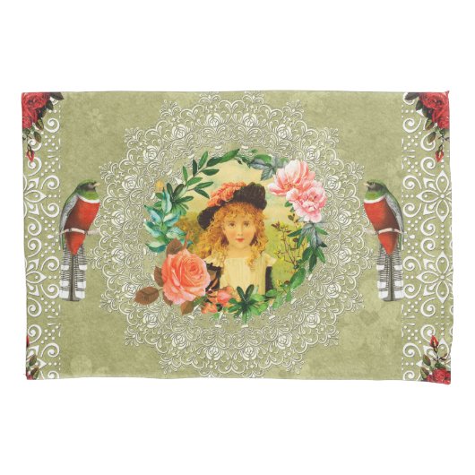 コラージュヴィンテージレトロとレースと花 枕カバー (正面)