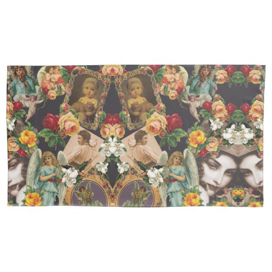 コラージュヴィンテージレトロとレースと花 枕カバー (正面)