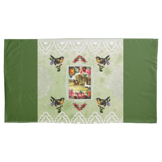 コラージュヴィンテージレトロとレースと花 枕カバー (正面左)