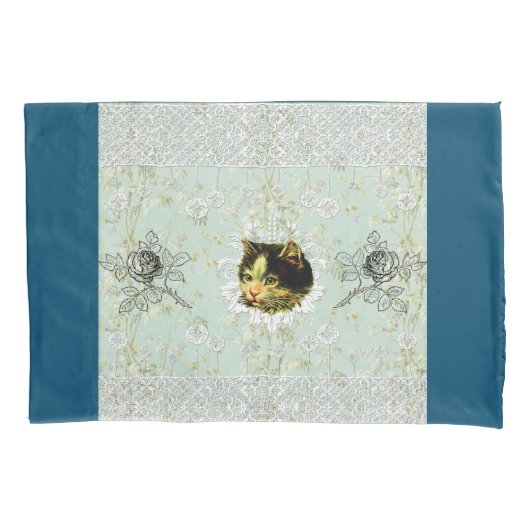 コラージュヴィンテージレトロとレースと花 枕カバー (正面)