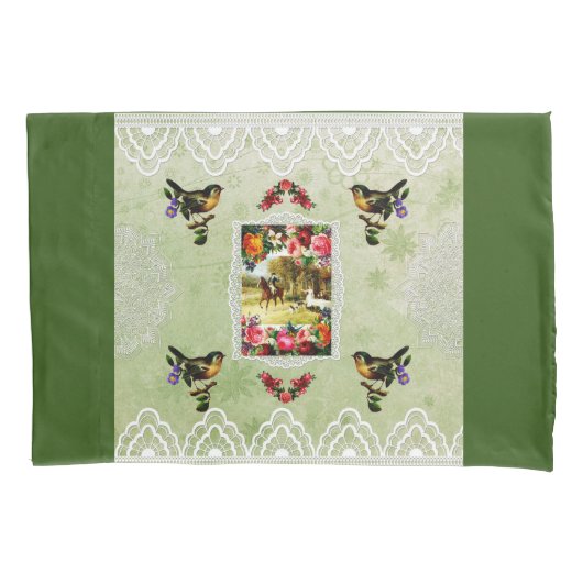 コラージュヴィンテージレトロとレースと花 枕カバー (正面左)