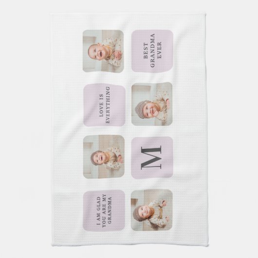 コラージュ写真と最高のおばあちゃんが今ま最高ので紫の贈り物 キッチンタオル (縦)
