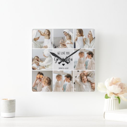 コラージュ写真グレイ私たちはあなたのおばあちゃんギフト最高のが大好き スクエア壁時計 (ホーム)