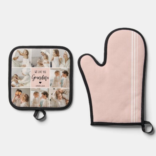 コラージュ写真ピンク私たちはあなたの祖母のギフト最高のが大好き 鍋つかみ&鍋敷きセット (正面)