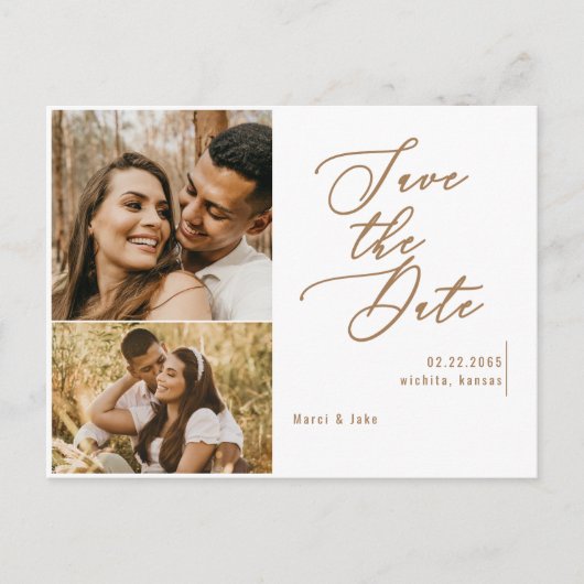 コラージュ写真金ゴールド文字結婚式日付の保存 ポストカード (正面)