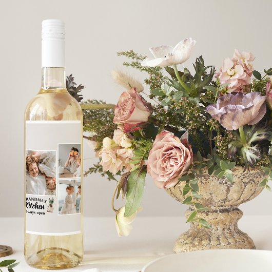 コラージュ写真&おばあちゃんのキッチンは常に開いている ワインラベル