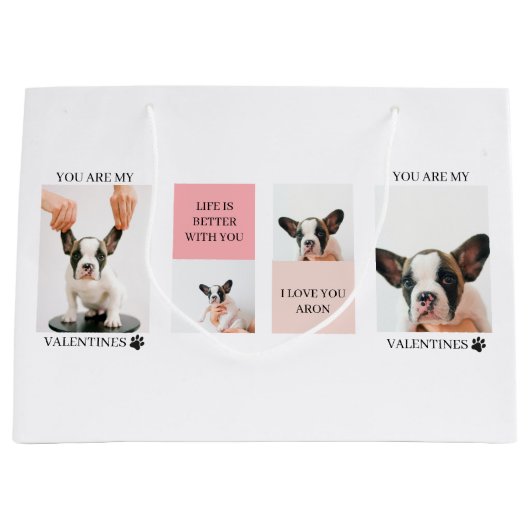 コラージュ犬の写真 |犬は私のバレンタイン |ピンク ラージペーパーバッグ (正面)