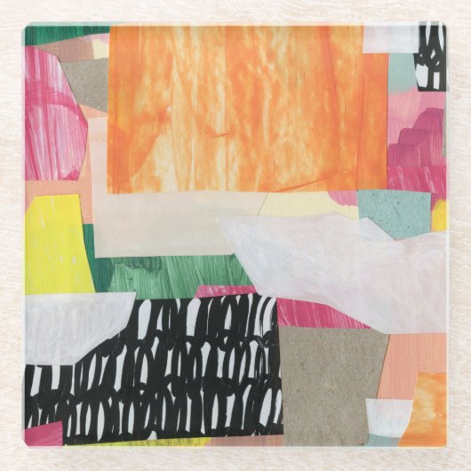 コラージュ美術、モダンカラフル抽象芸術。 ガラスコースター (正面)