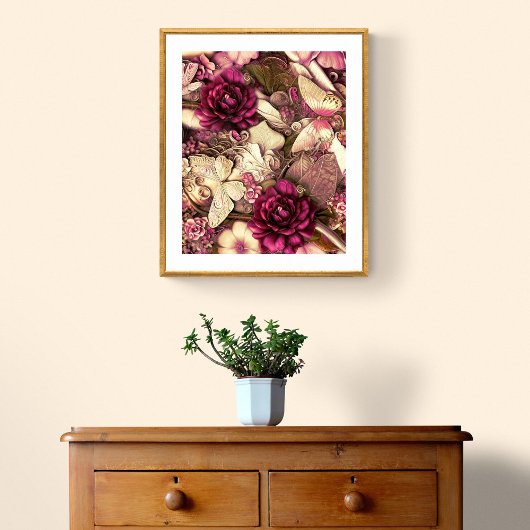 コラージュ蝶とバラ装飾品 ポスター