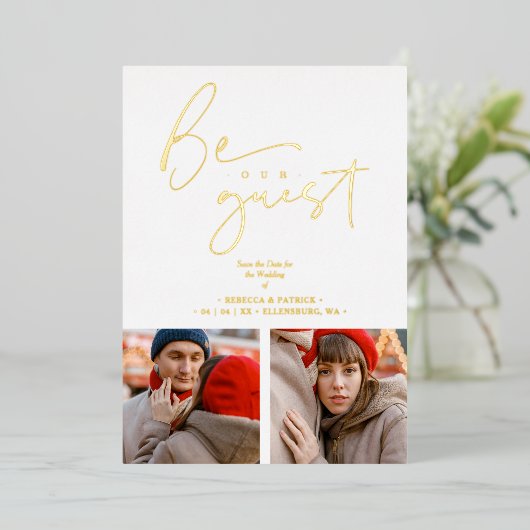 コラージュ2の写真は私たちのゲストのロマンチック結婚な 箔招待状 (立ち正面)