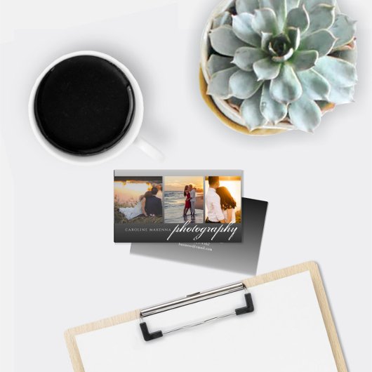 コラージュ3枚の写真付きブラックグラデーション写真 名刺