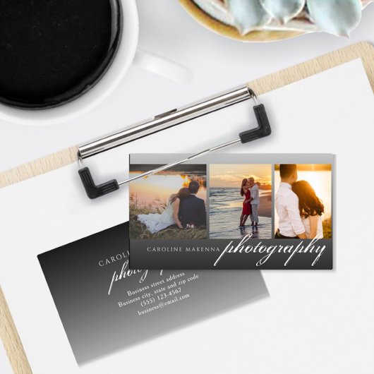 コラージュ3枚の写真付きブラックグラデーション写真 名刺