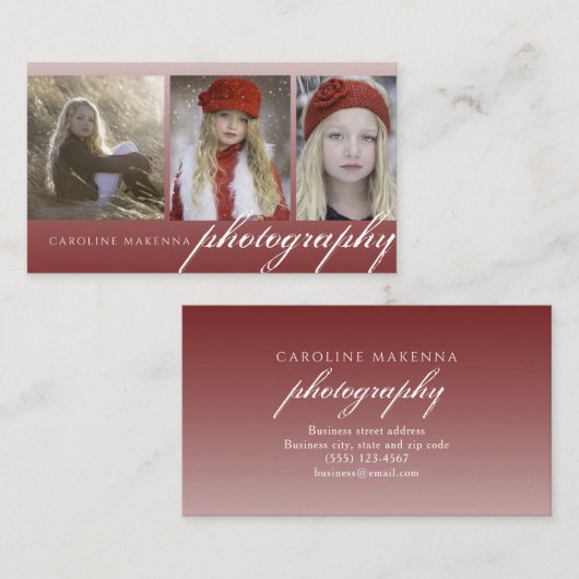 コラージュ3枚写真赤グラデーション写真 名刺 (正面/裏面)