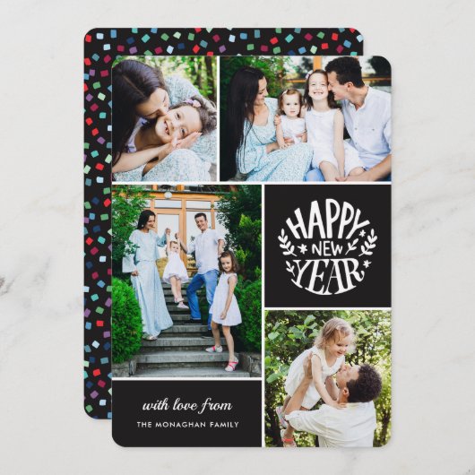 コラージュ4フォト年賀状 |黒 シーズンカード (正面/裏面)