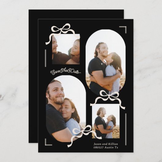 コラージュ4モダン枚の写真数々の黒い弓 セーブザデート (正面/裏面)
