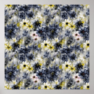 コラージュ、花絵を描のパターン、水色 ポスター