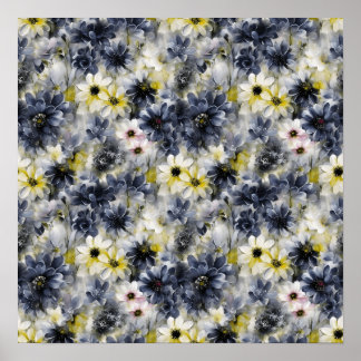 コラージュ、花絵を描のパターン、水色 ポスター